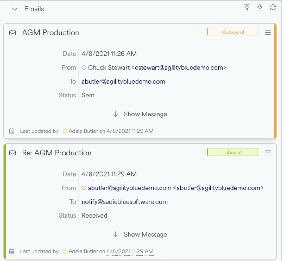 Email correspondence showing outbound and inbound messages regarding AGM Production.